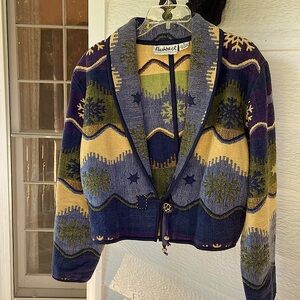 Warm Woven cotton jacket, western style, beautiful details. Blue, yel, grn, pur.